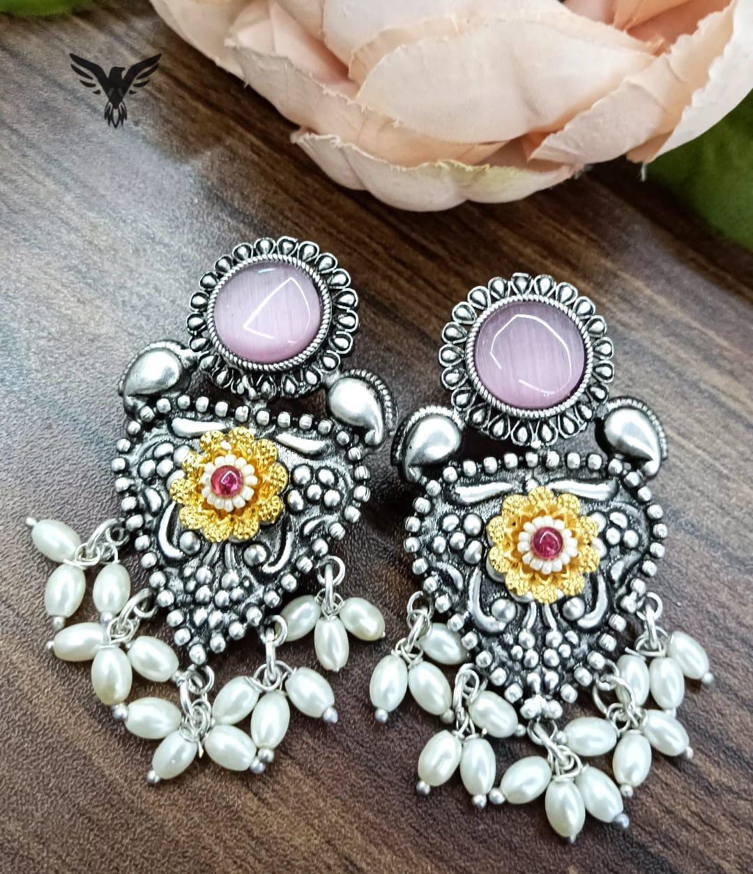 Hiral Silver look alike earring in Pink For Women