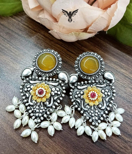 Hiral Silver look alike earring in Yellow For Women