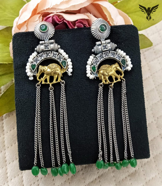 Wridhi Silver look alike earring with elephant in Emerald green For Women