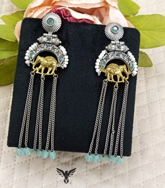 Wridhi Silver look alike earring with elephant in Ice blue For Women