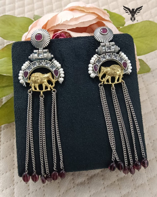 Wridhi Silver look alike earring with elephant in ruby with drops For Women