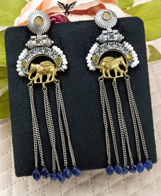 Wridhi Silver look alike earring with elephant in Yellow with drops For Women