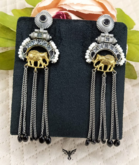 Wridhi Silver look alike earring with elephant in Black with drops For Women