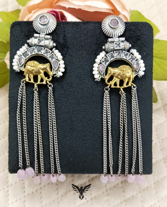 Wridhi Silver look alike earring with elephant in Blush Pink with drops For Women