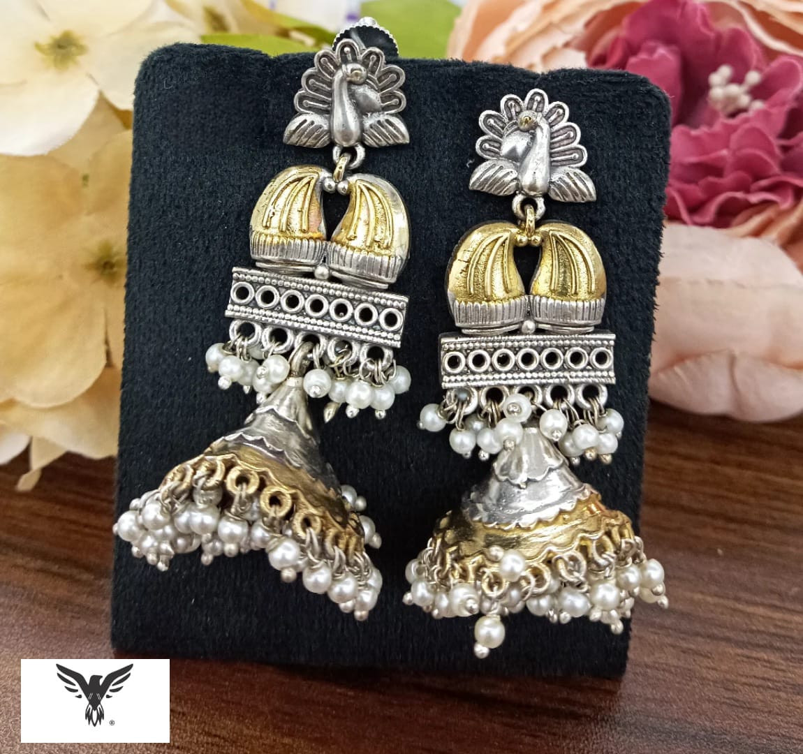 Peacock silver look alike in Dual Tone earrings With Jhumki for women