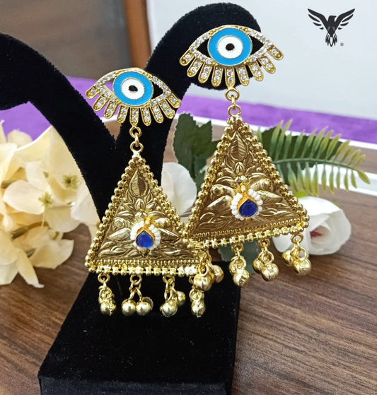 Evil Eye silver look alike in Golden Tone earrings in Blue for women