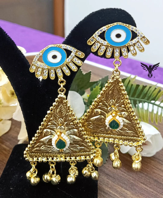 Evil Eye silver look alike in Golden Tone earrings in Green for women