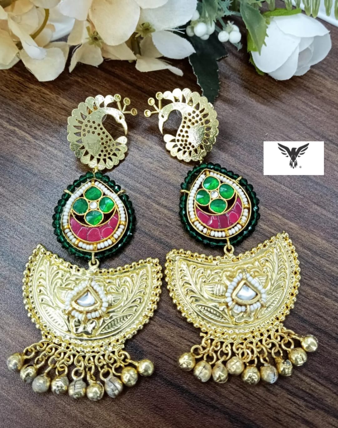 Long silver look alike in Golden Tone earrings in green for women