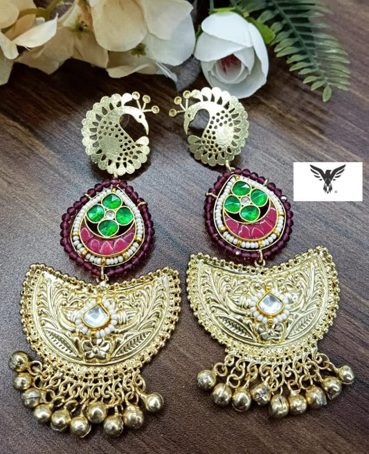 Long silver look alike in Golden Tone earrings in Mahroon for women