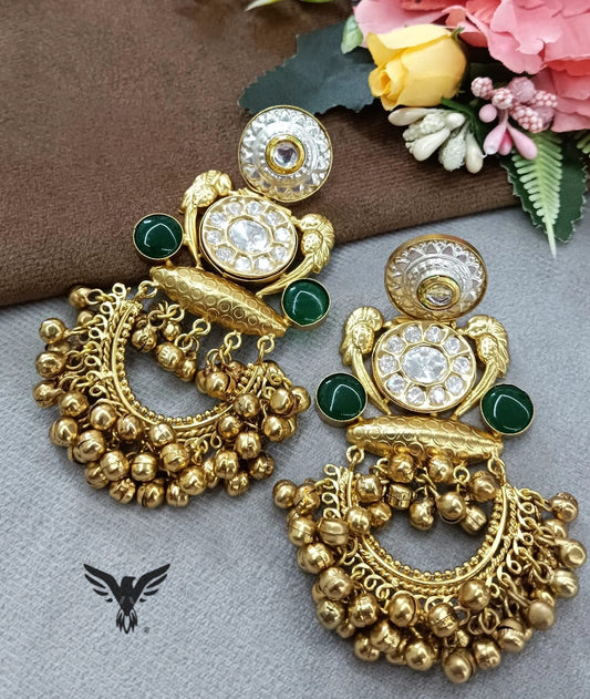 Golden tone silver look alike earrings in green with ghungroo for women