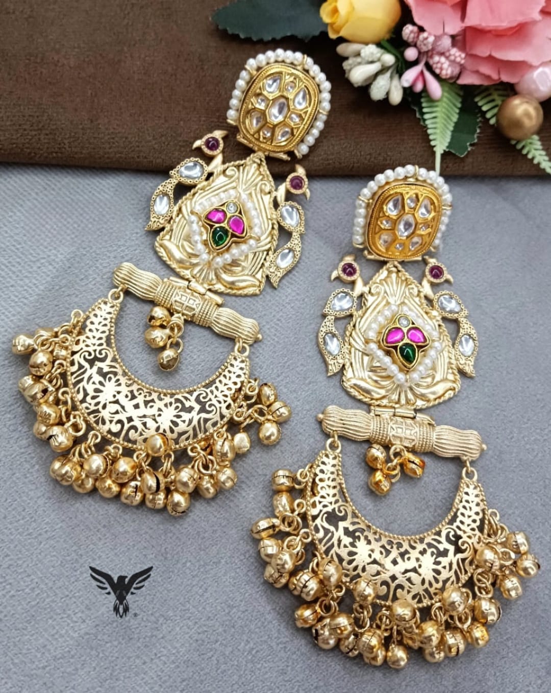 Rice pearl beading with paachi Golden tone silver look alike earrings in White for women