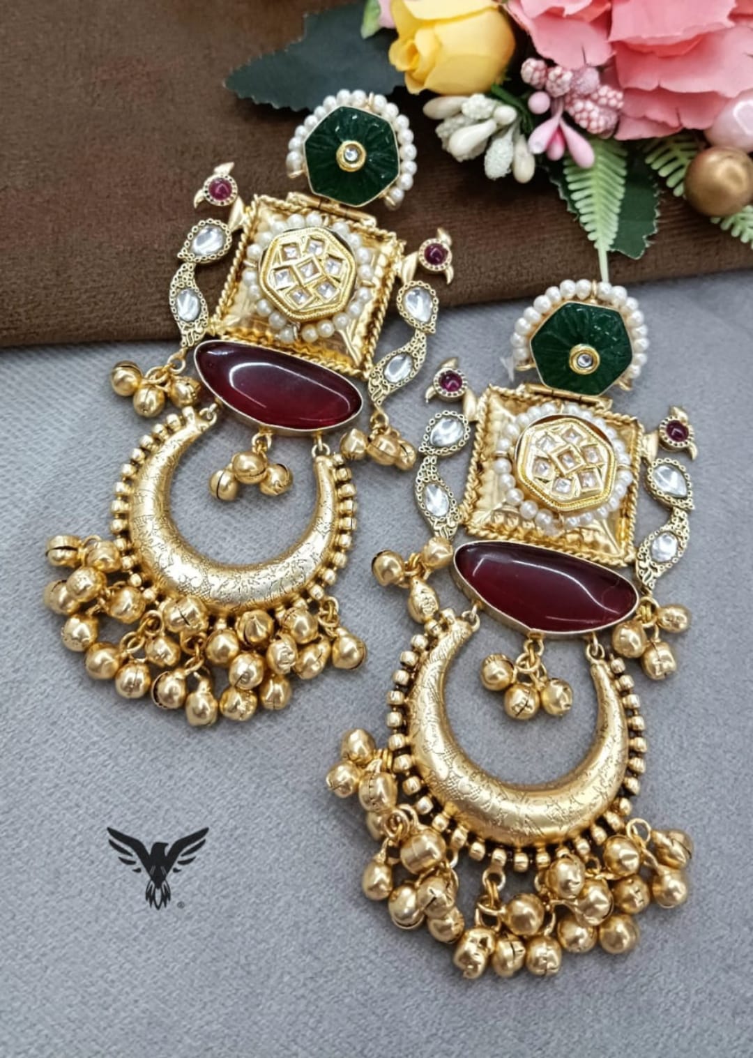 Long Golden tone silver look alike earrings in Ruby for women