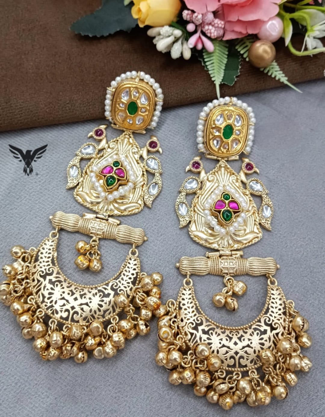 Rice pearl beading with paachi Golden tone silver look alike earrings in Multi for women