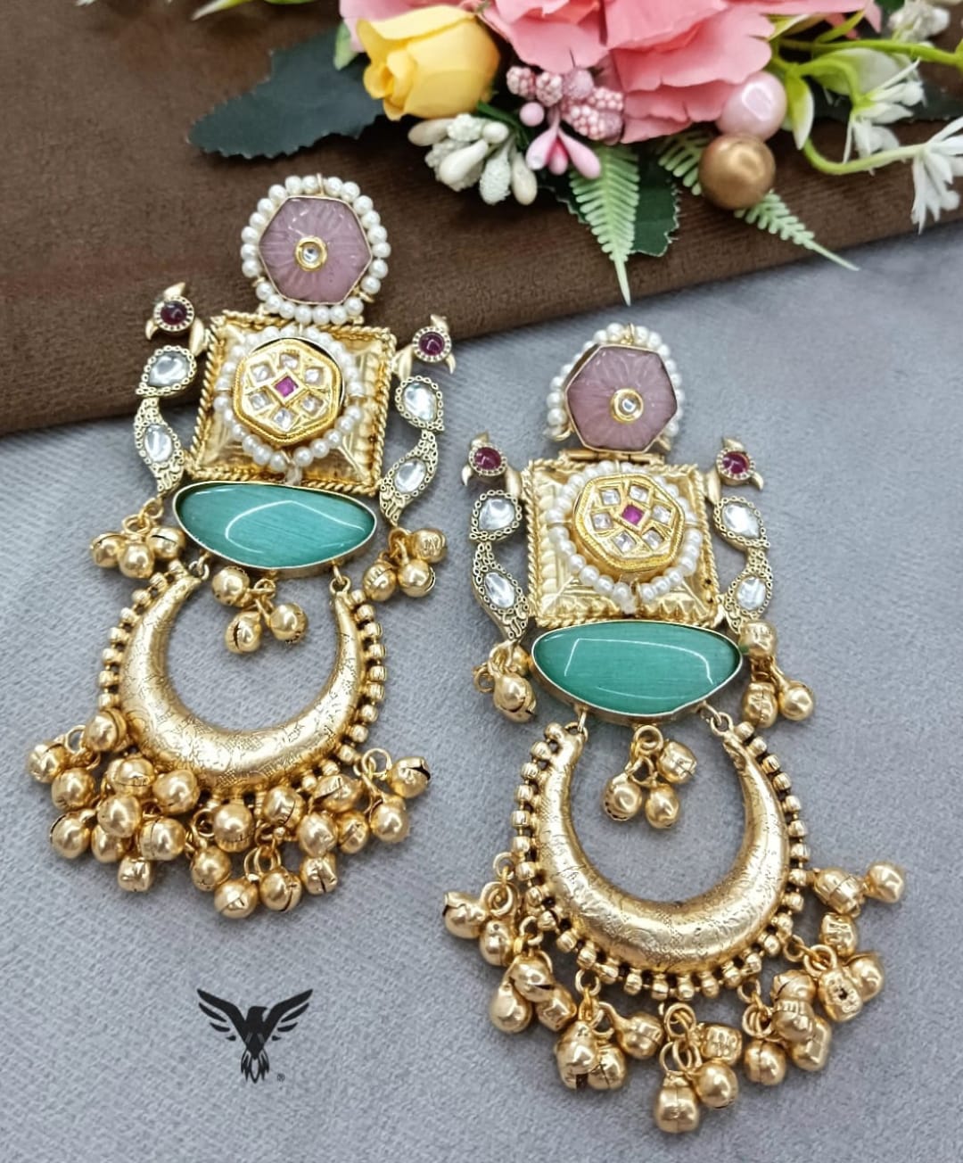 Long Golden tone silver look alike earrings in Mint for women