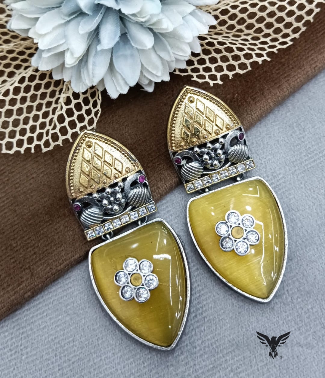 Omya Dual tone Silver look alike earring in Yellow For Women