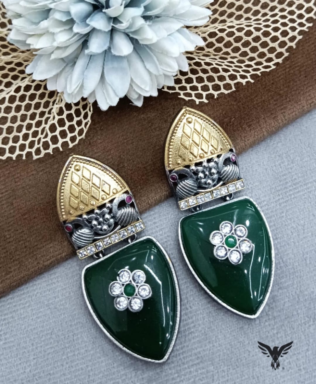 Omya Dual tone Silver look alike earring in Emerald Green For Women