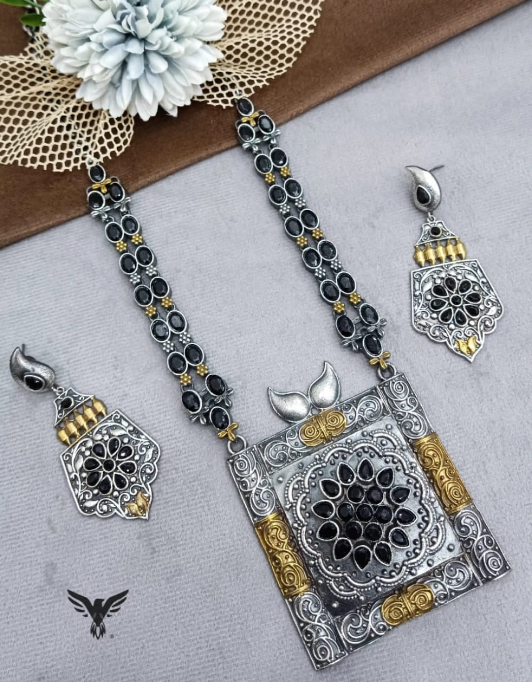 Urmi long Dual Tone silver look alike in Black necklace with earrings