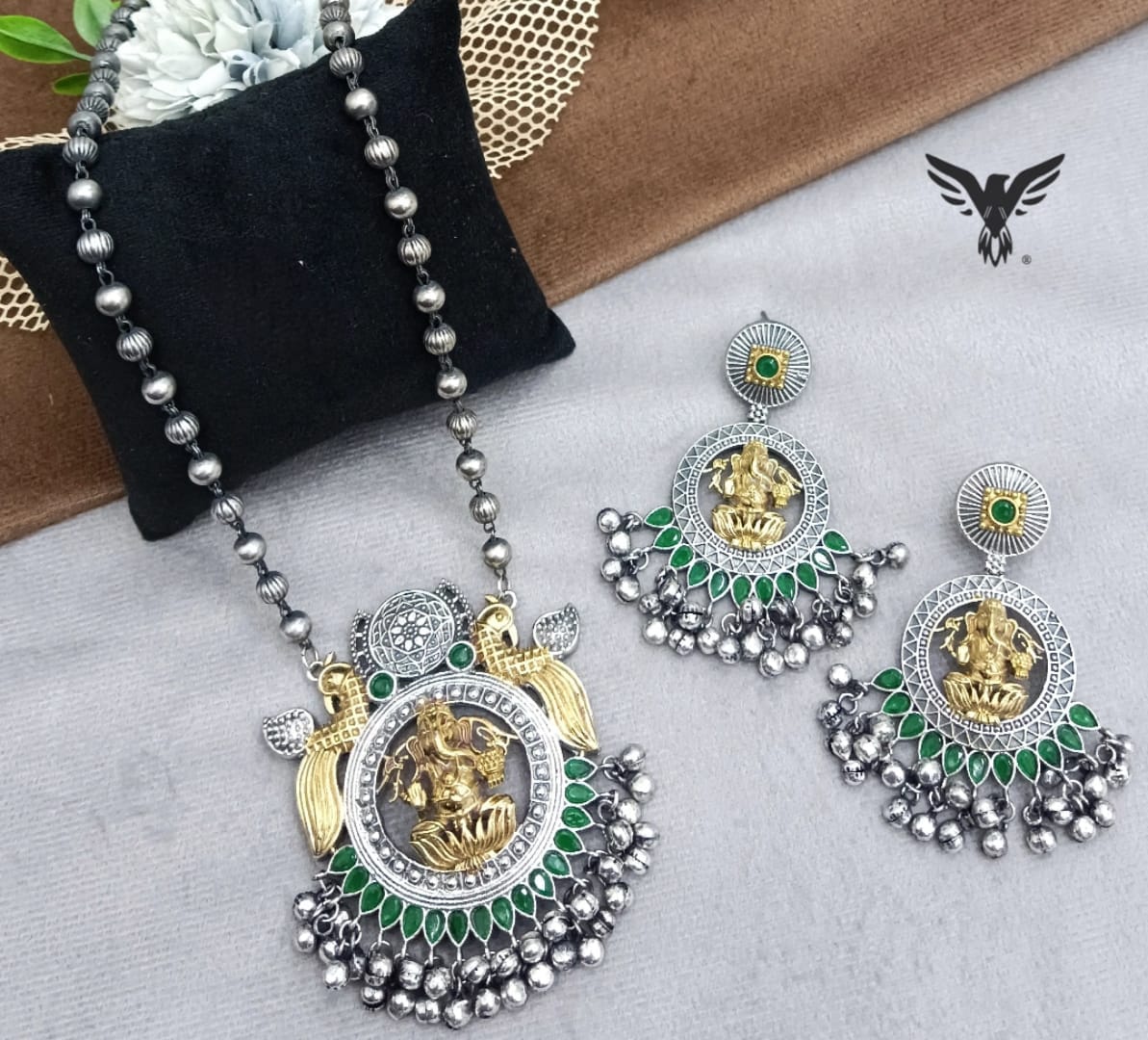 Ganesha ji long Dual Tone silver look alike in Green necklace with earrings