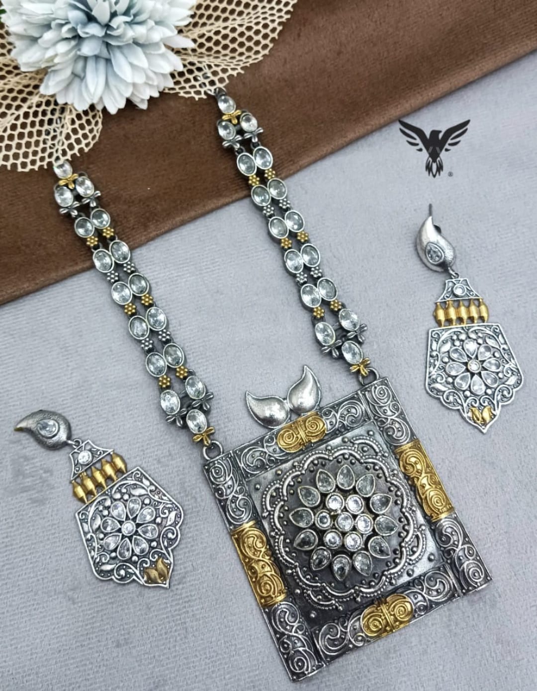 Urmi long Dual Tone silver look alike in White necklace with earrings