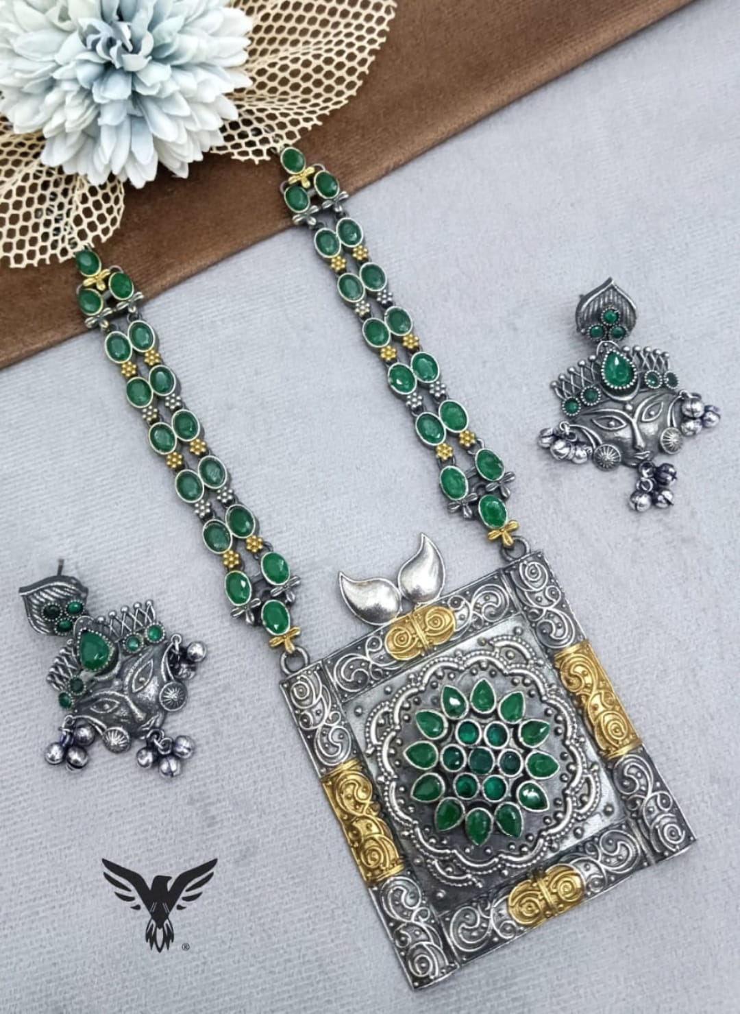 Urmi long Dual Tone silver look alike in Emerald Green necklace with earrings