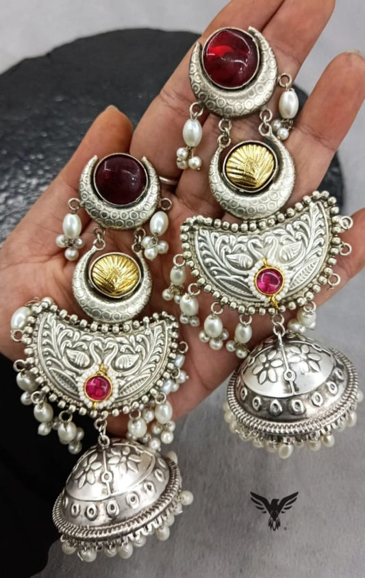 Nandini Dual tone Silver look alike earring with Jhumki in Ruby For Women