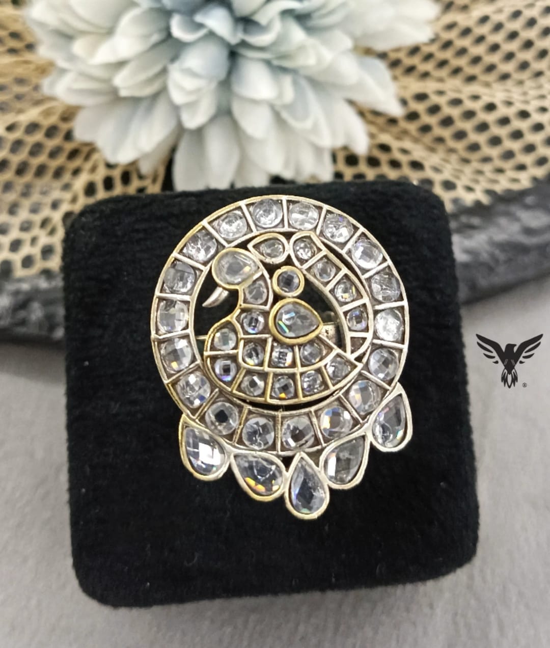 Peacock Silver Look Alike Ring in White For Women