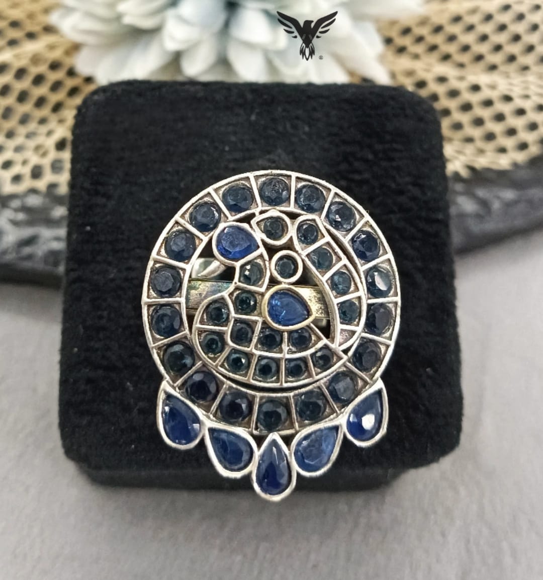 Peacock Silver Look Alike Ring in Blue For Women