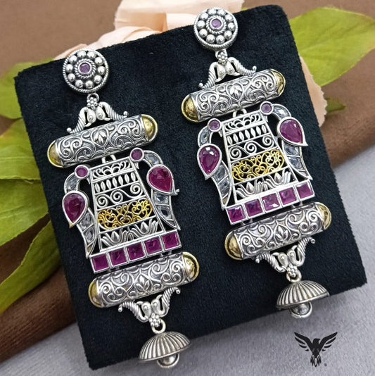 Ijaya Dual tone Silver look alike earring with Peacock in Ruby For Women