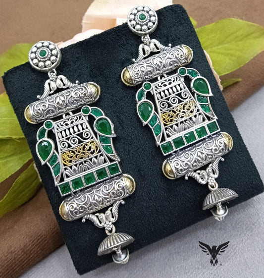 Ijaya  Dual tone Silver look alike earring with Peacock in Emerald Green For Women