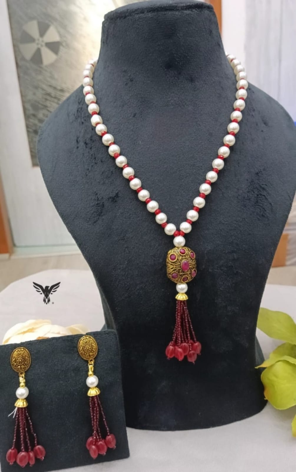 Pearl string with hydra hanging beads mala in Ruby from jaipur