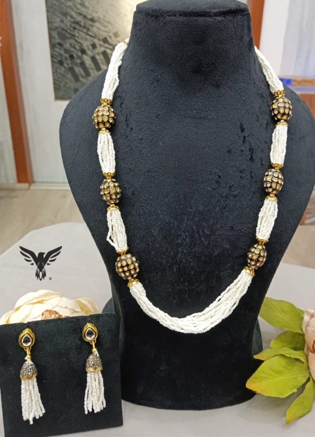Jaipuri kundan beads  mala in Black for women