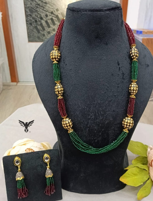 Jaipuri kundan beads  mala in Red and Green for women