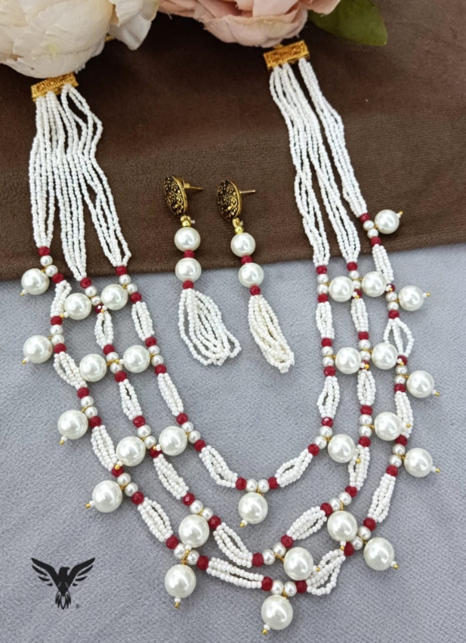 Three layered pearl mala with hanging pearl in Ruby for women