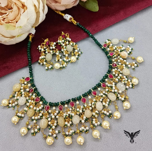 Vaani Paachi  necklace with Earrings In Ruby with pearls  For Women