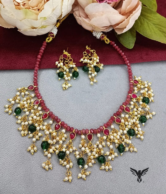 Vaani Paachi  necklace with Earrings In Ruby with green beads  For Women