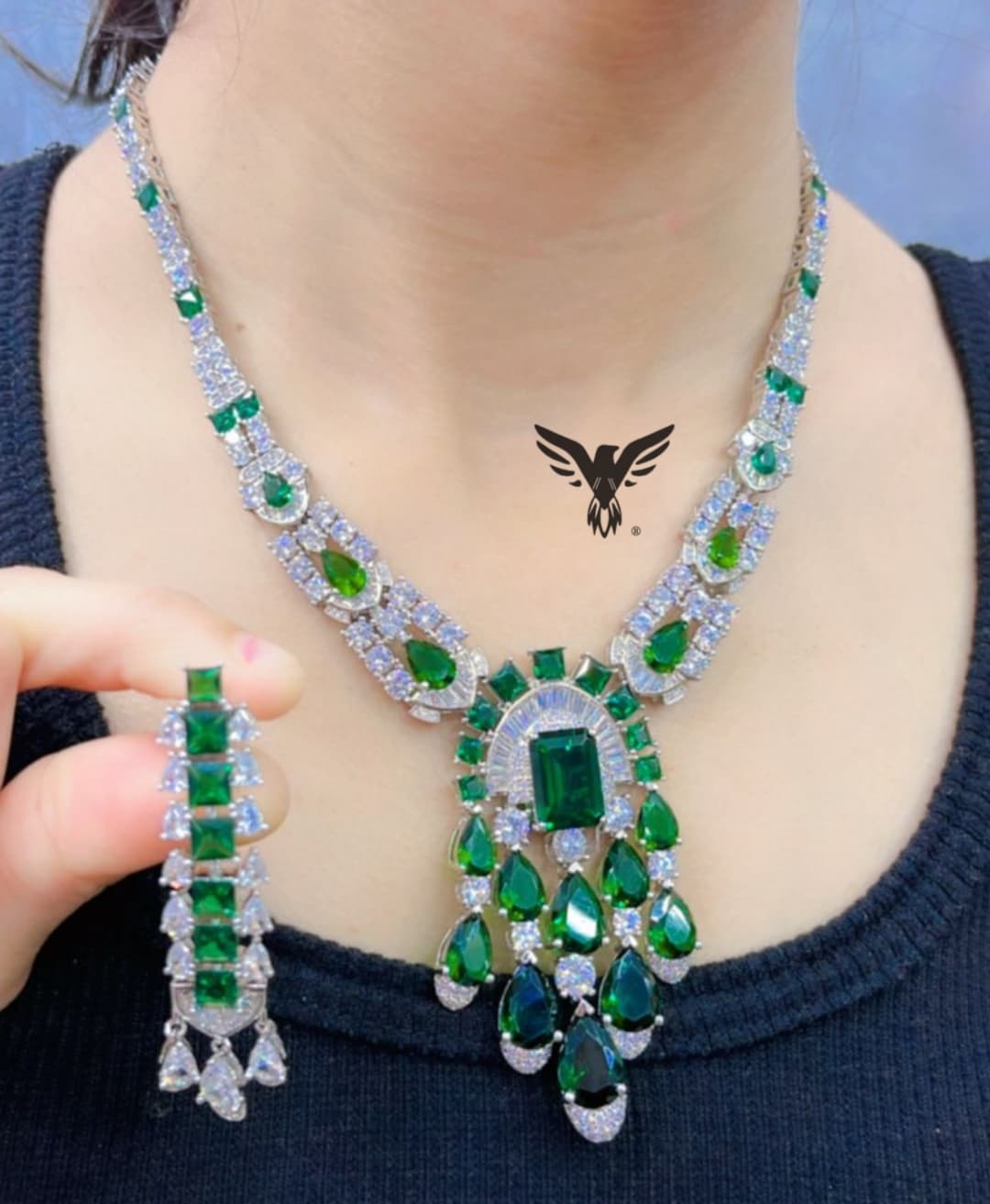 Camilla american diamond necklace in green swaroski stones for women