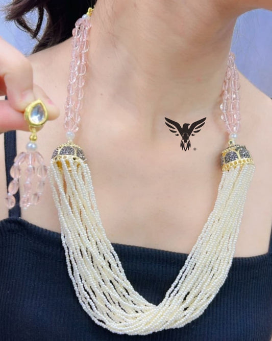 Monalisa beads with rice beads mala in Peach for women