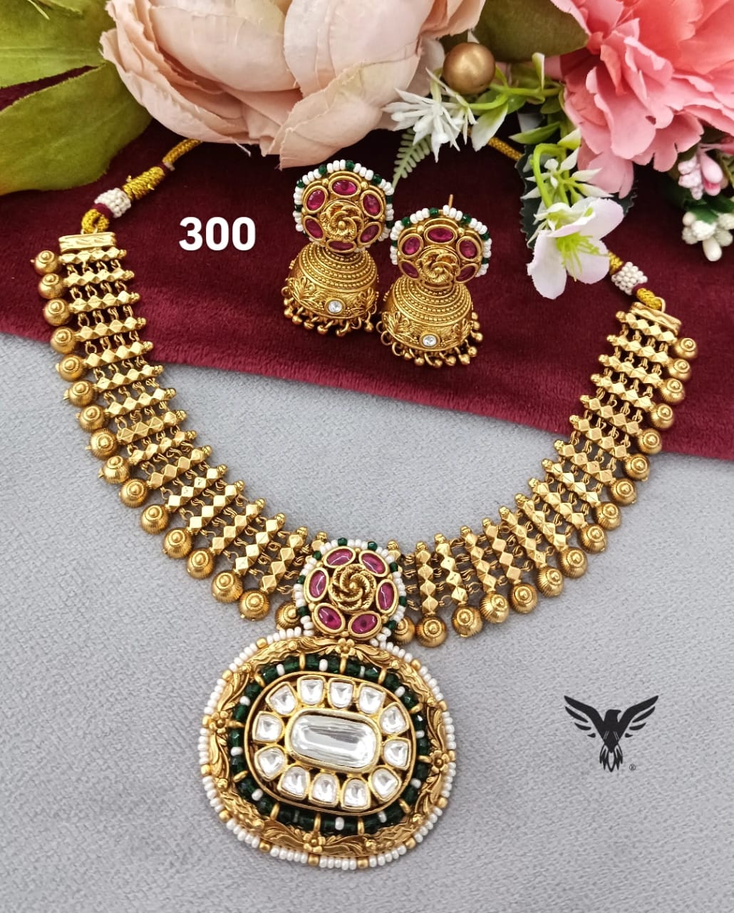 Devisha Rajwadi traditional style kundan necklace with matar  in green for womens