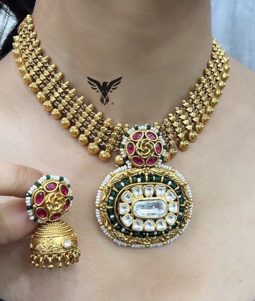 Devisha Rajwadi traditional style kundan necklace with matar  in green for womens