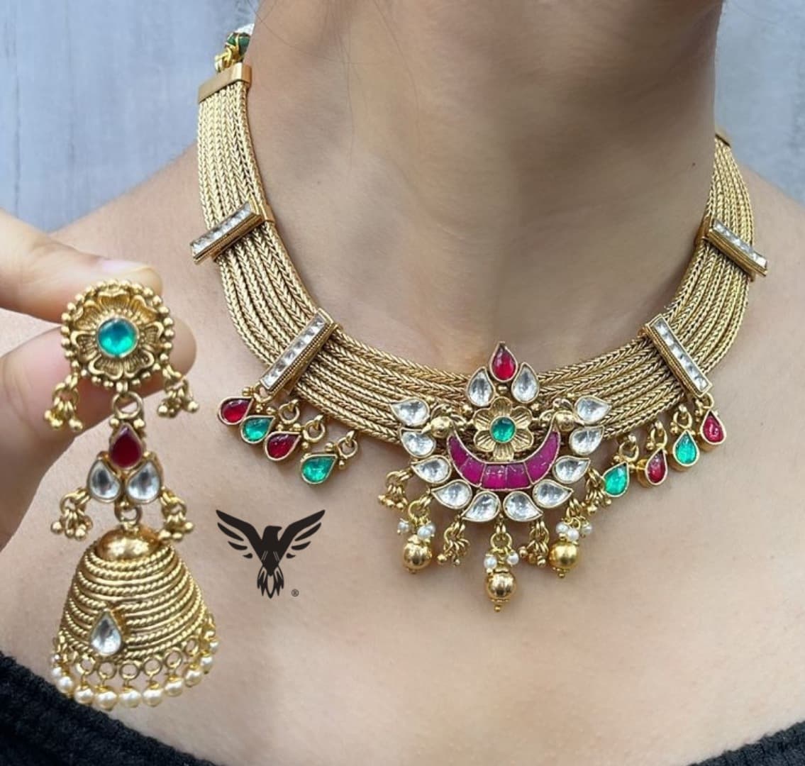 Rajwadi traditional style kundan necklace with paachi stones in multicolour for womens