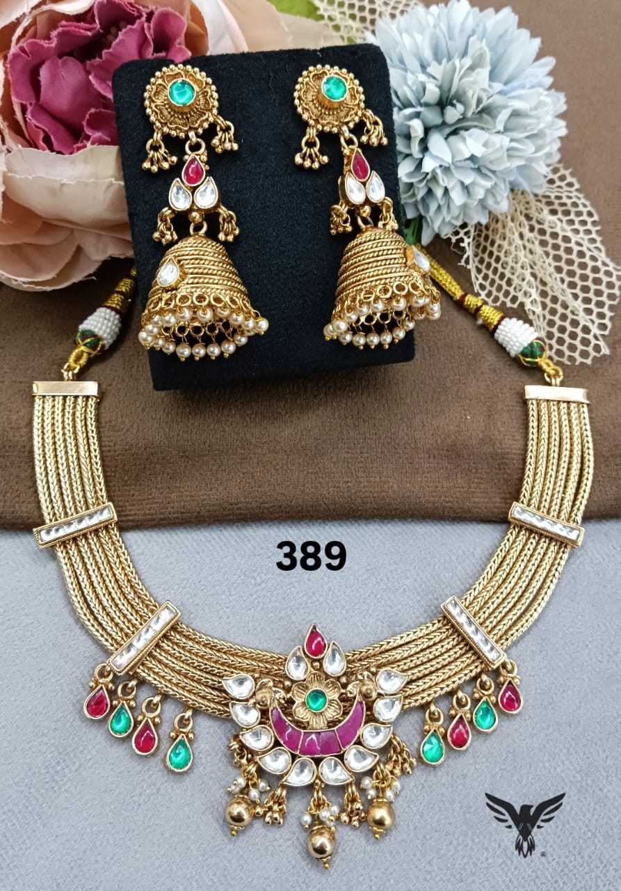 Rajwadi traditional style kundan necklace with paachi stones in multicolour for womens