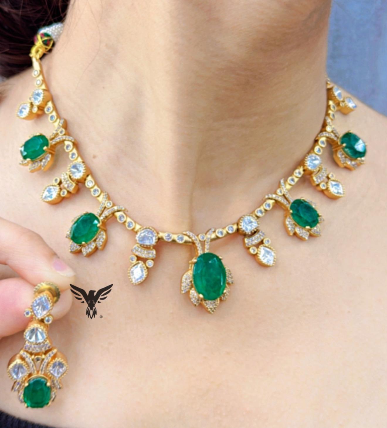 Diksha mosanite necklace with Doublet stones in emerald green  necklace For women