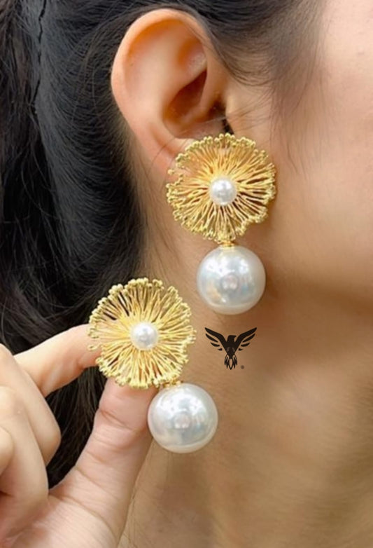 NEW WESTERN GIRLISH EARRINGS WITH HANGING PEARLS IN GOLDEN POLISH