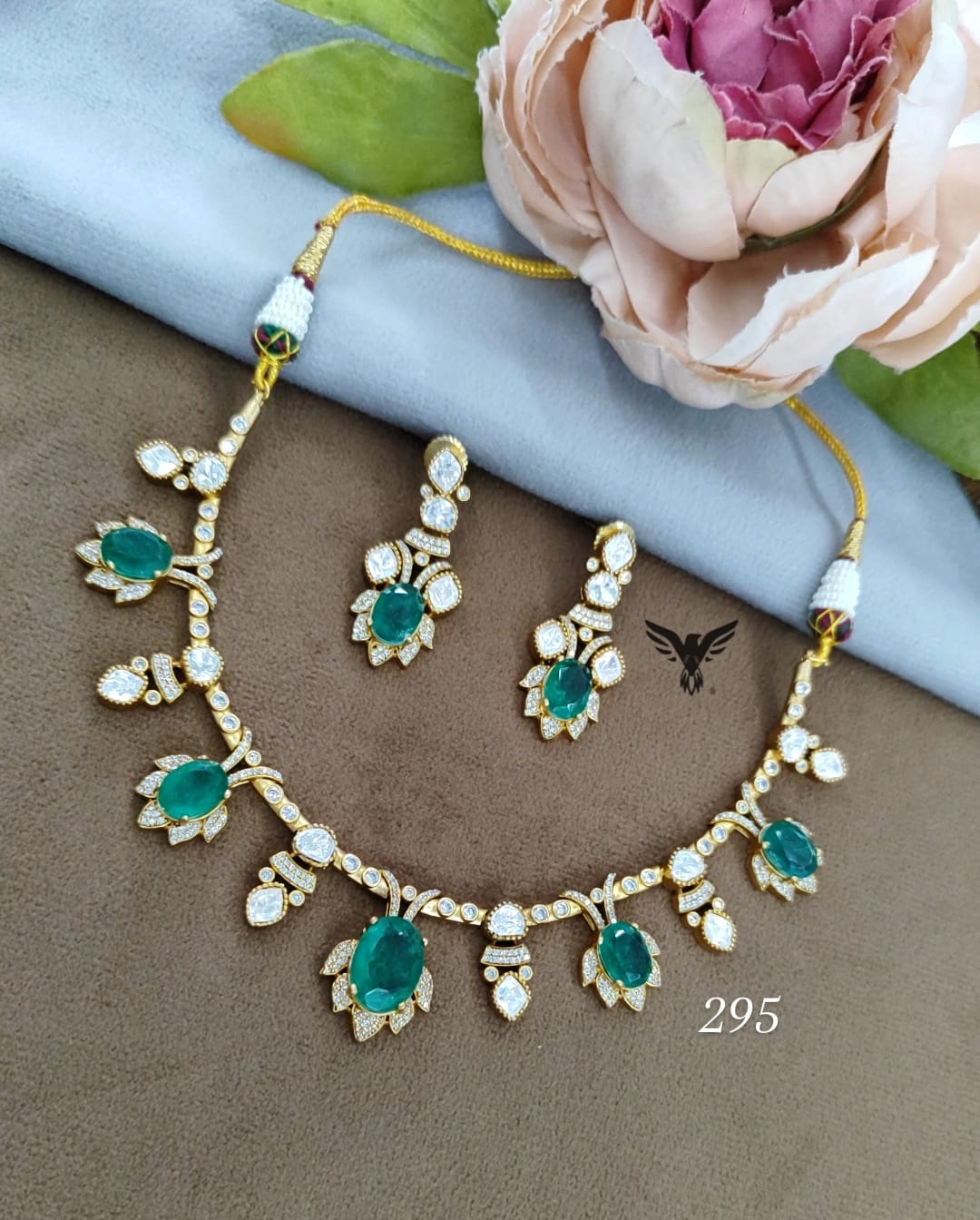 Diksha mosanite necklace with Doublet stones in emerald green  necklace For women