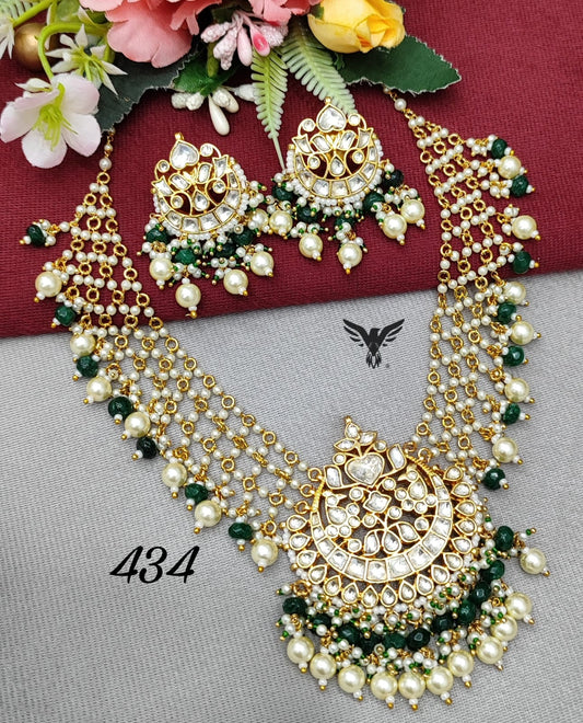 Chaand  paachi kundan necklace in emerald green with chaand earrings for women