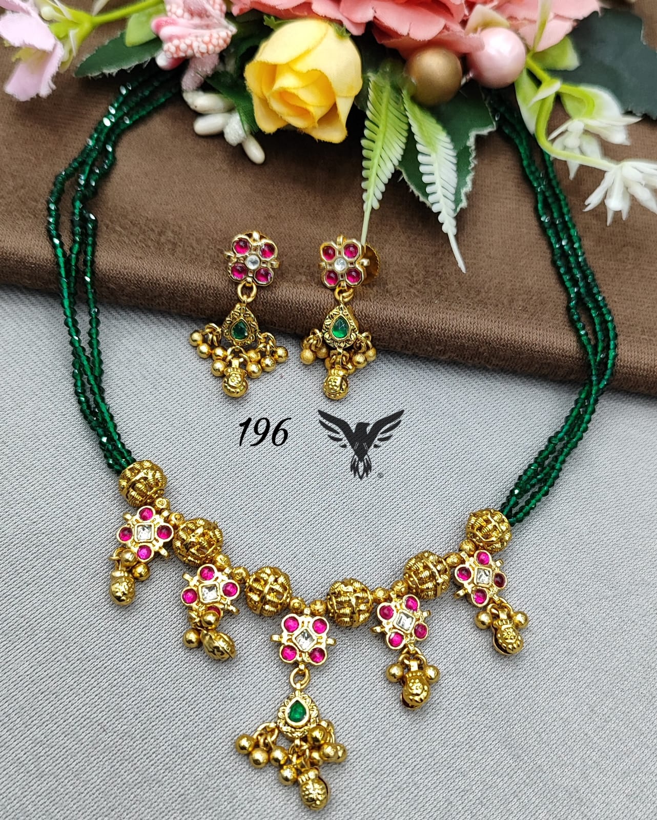 Golden polish with kemp stone with green beads paachi kundan necklace  for women