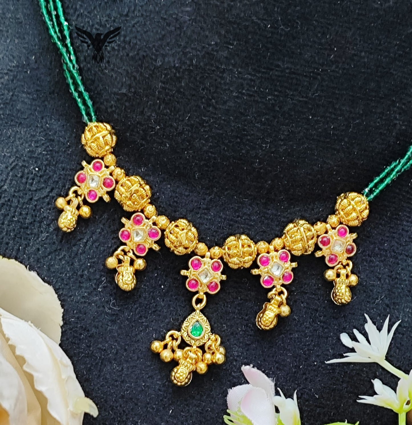 Golden polish with kemp stone with green beads paachi kundan necklace  for women