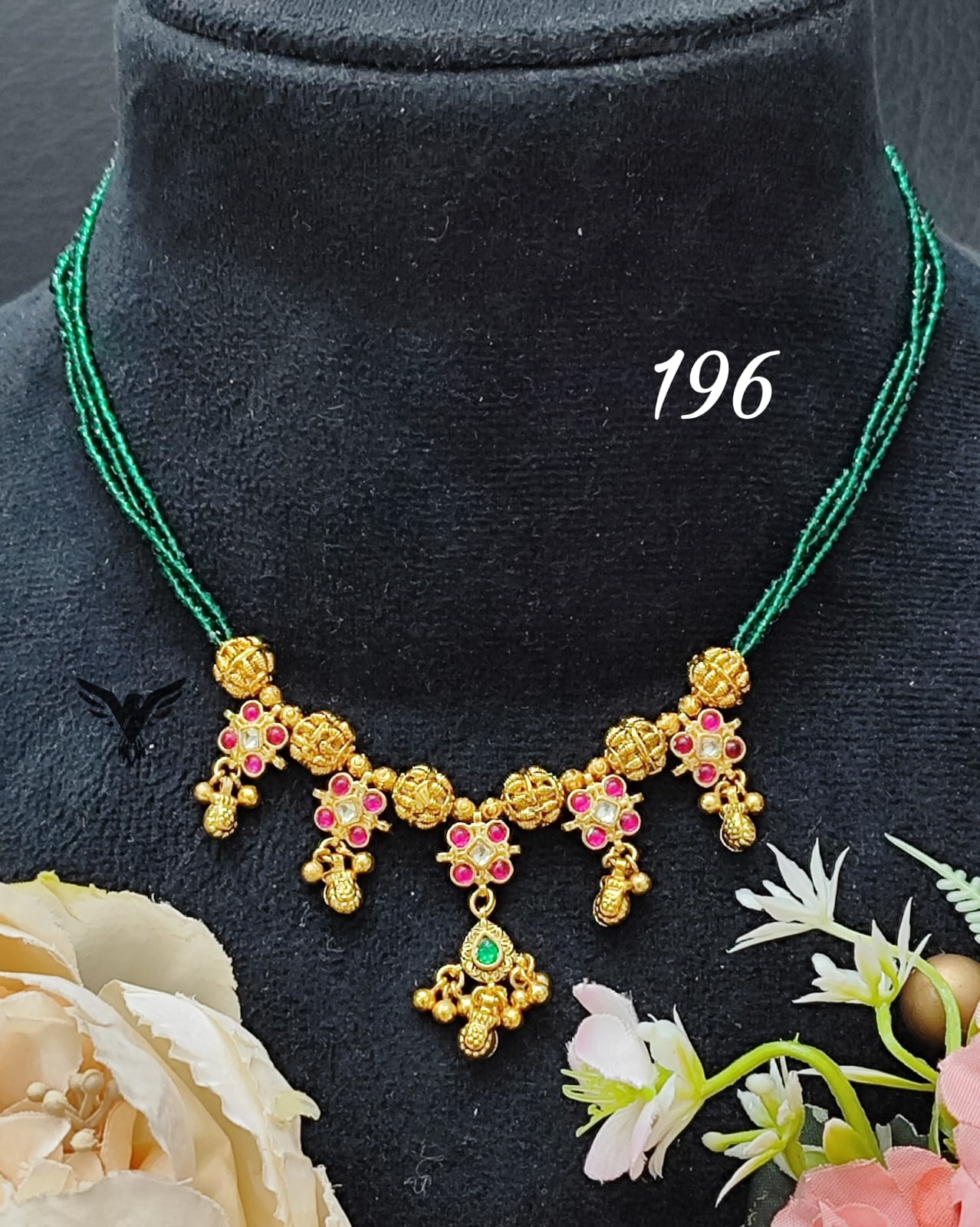 Golden polish with kemp stone with green beads paachi kundan necklace  for women