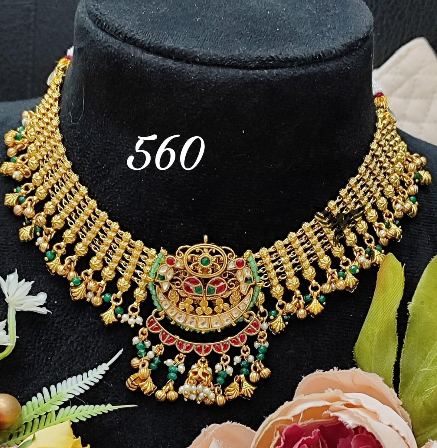 Golden tone paachi kundan necklace in multi  for women