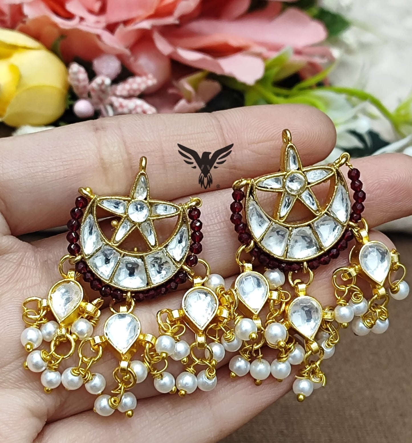 Chaand  earrings with flower in paachi kundan for women
